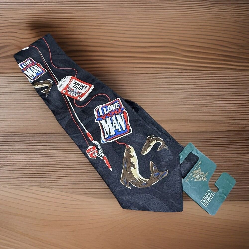 I Love You Man Bud Light Beer 1996 Vintage Neck Tie USA Black Fishing Pole New